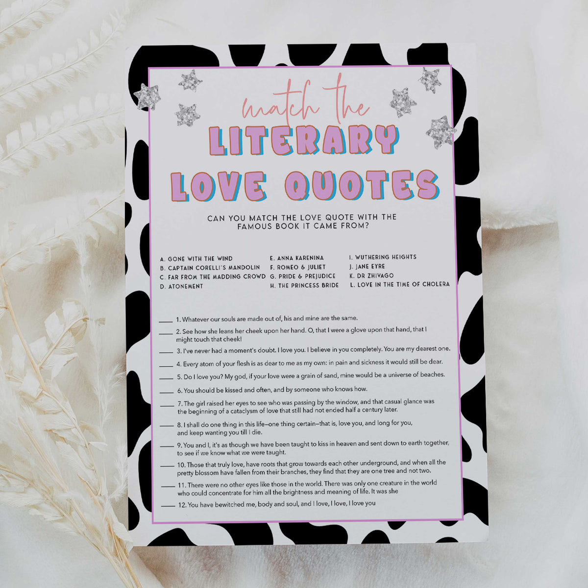 literary love quotes game, Space cowgirl bridal shower games, printable bridal shower games, bridal games, bridal shower games, disco bridal games