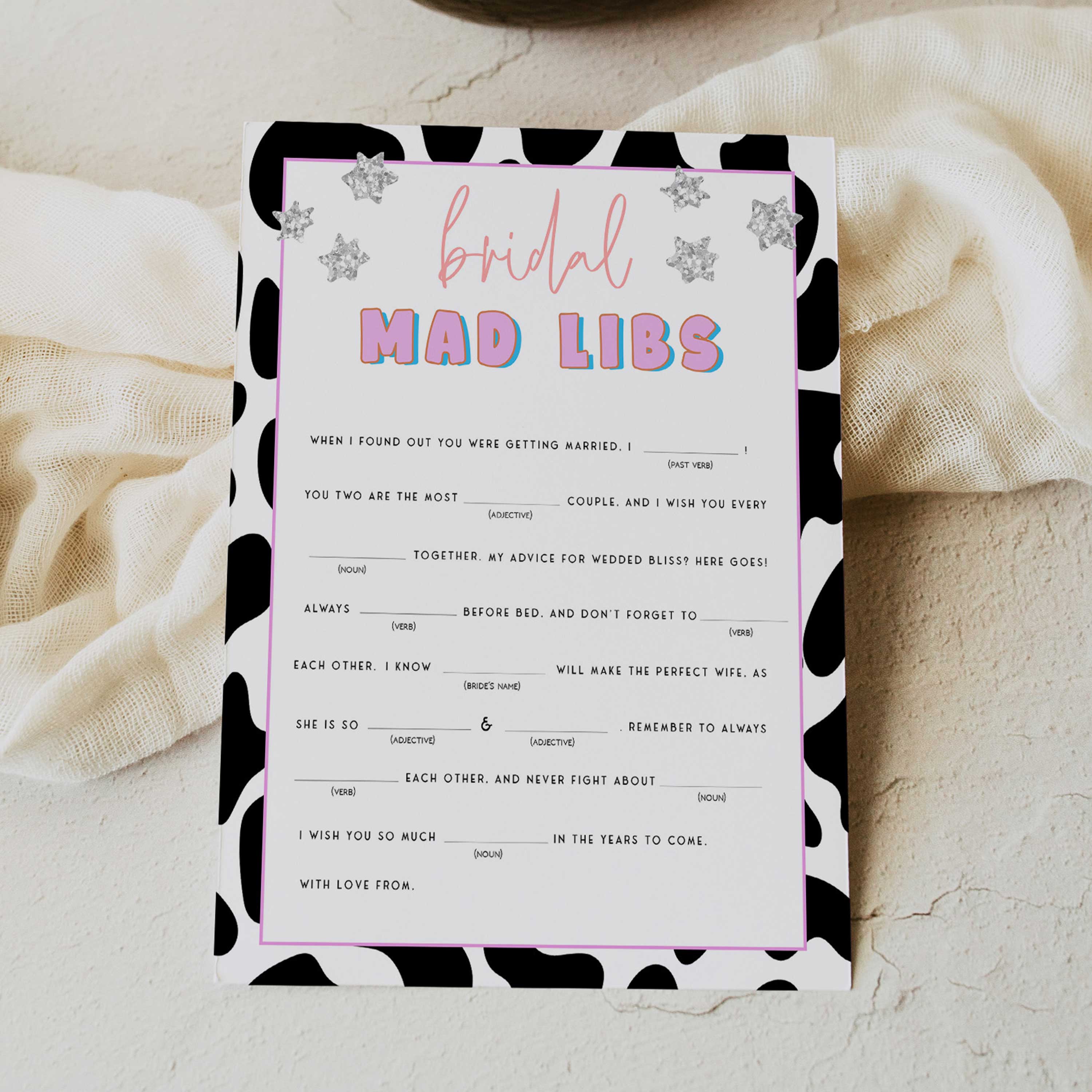 bridal shower mad libs game, Space cowgirl bridal shower games, printable bridal shower games, bridal games, bridal shower games, disco bridal games