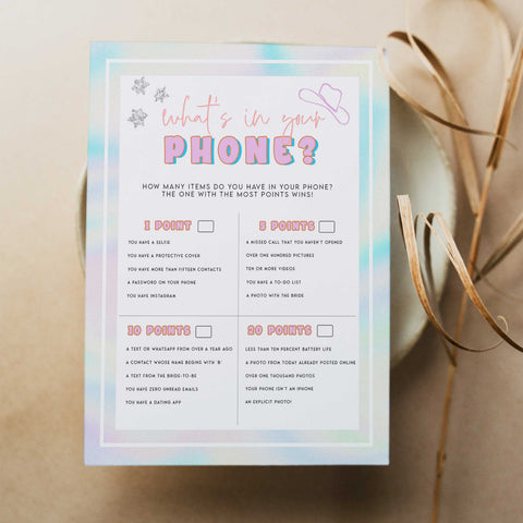 whats in your phone, Space cowgirl bridal shower games, printable bridal shower games, bridal games, bridal shower games, disco bridal games