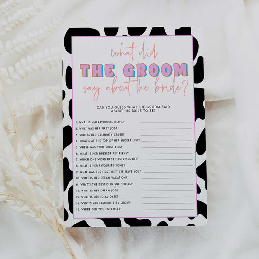 what did the groom say game, Space cowgirl bridal shower games, printable bridal shower games, bridal games, bridal shower games, disco bridal games