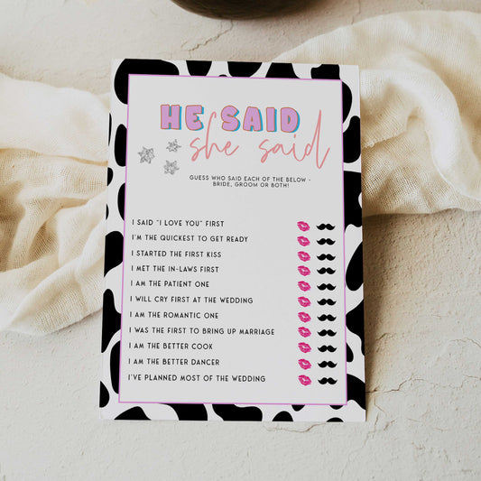 he said she said game, Space cowgirl bridal shower games, printable bridal shower games, bridal games, bridal shower games, disco bridal games