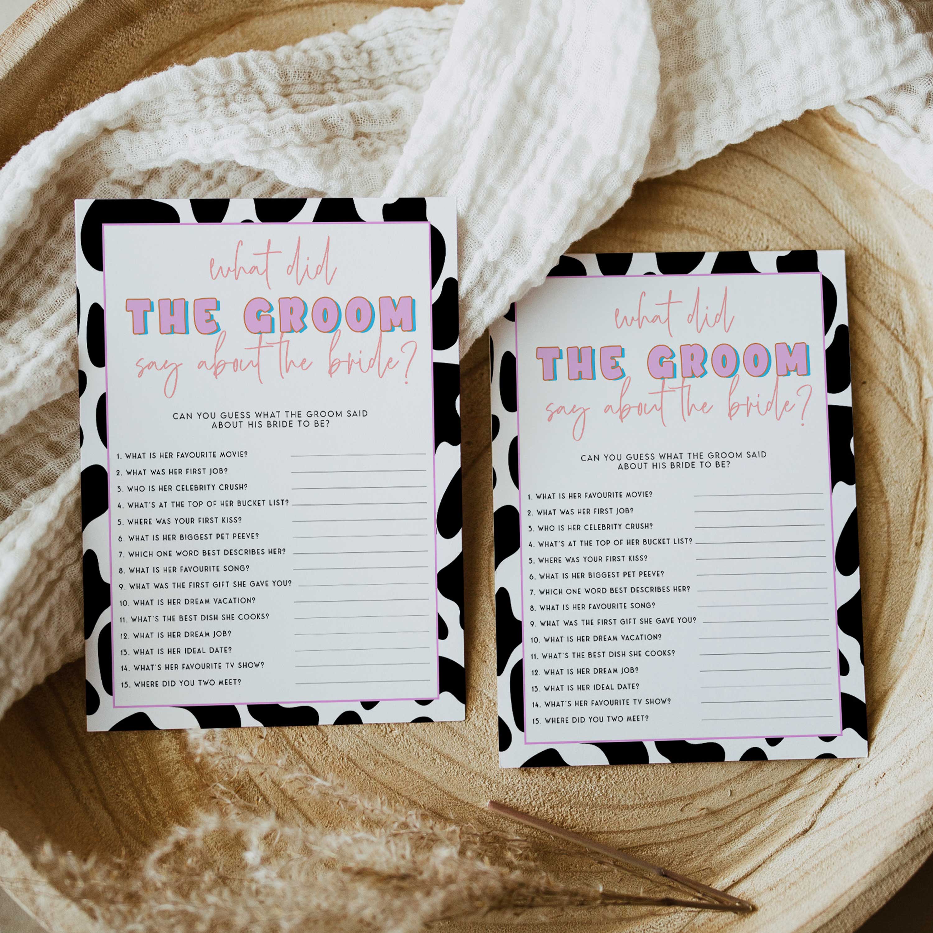 what did the groom say game, Space cowgirl bridal shower games, printable bridal shower games, bridal games, bridal shower games, disco bridal games