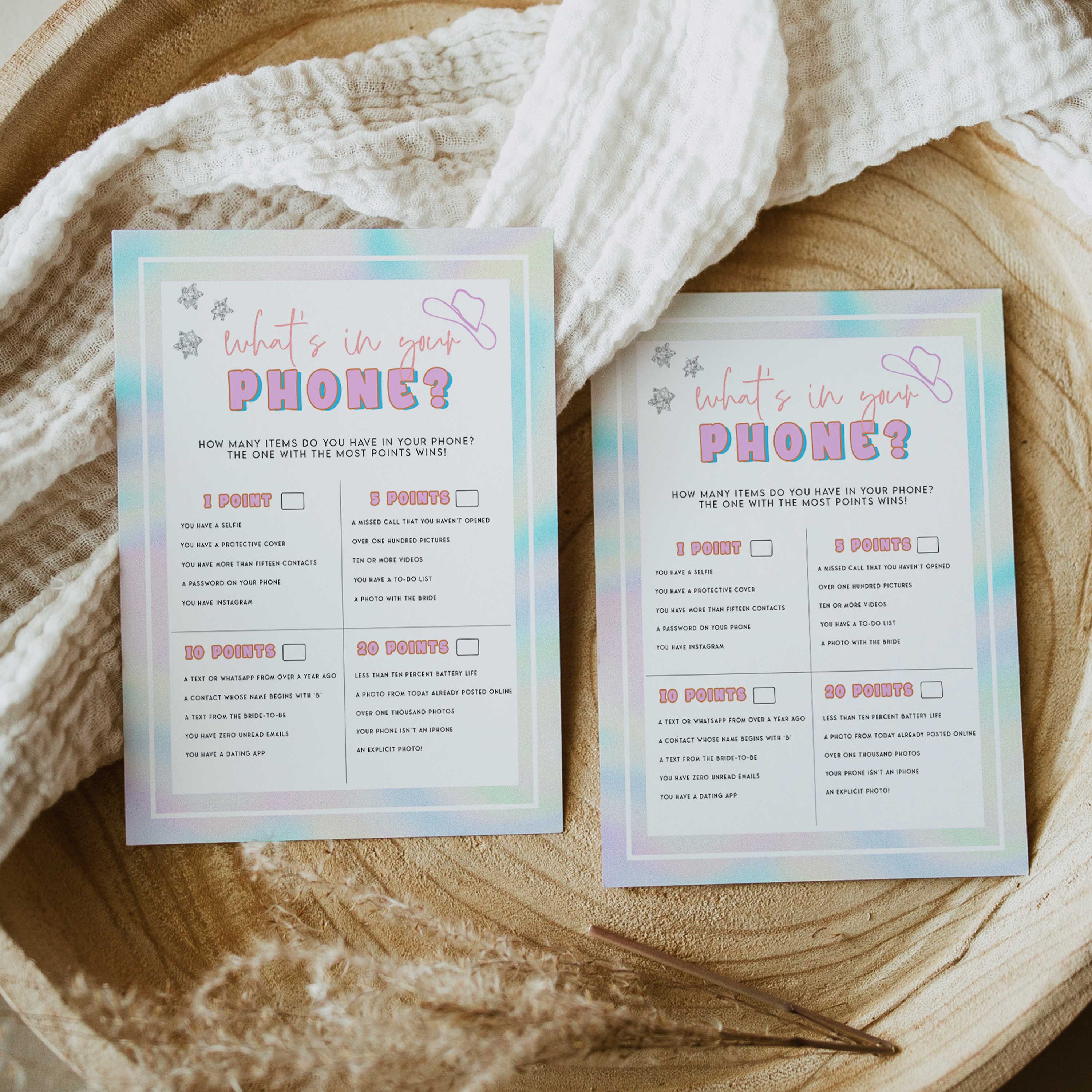 whats in your phone, Space cowgirl bridal shower games, printable bridal shower games, bridal games, bridal shower games, disco bridal games