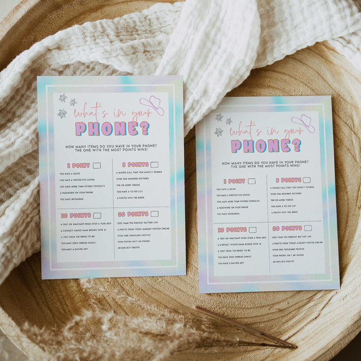 whats in your phone, Space cowgirl bridal shower games, printable bridal shower games, bridal games, bridal shower games, disco bridal games