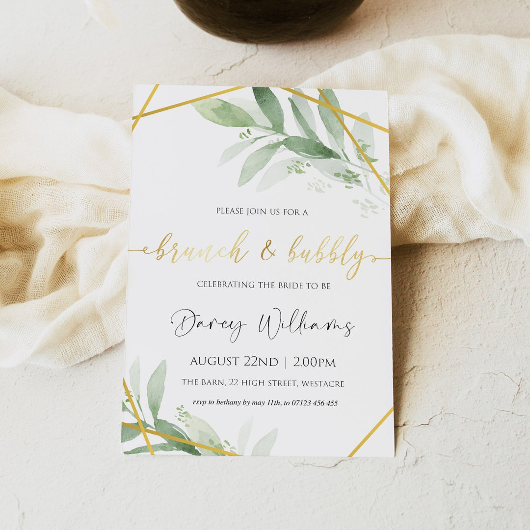 brunch and bubbly invitations, editable bridal shower invitations, printable bachelorette invitations, gold greenery bridal shower invites, greenery bridal shower ideas