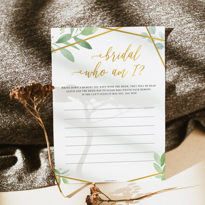 Bridal Shower Who Am I - Gold Greenery