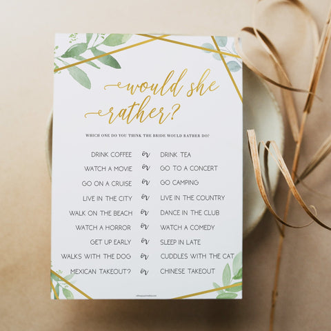 Would She Rather Bridal Game - Gold Greenery