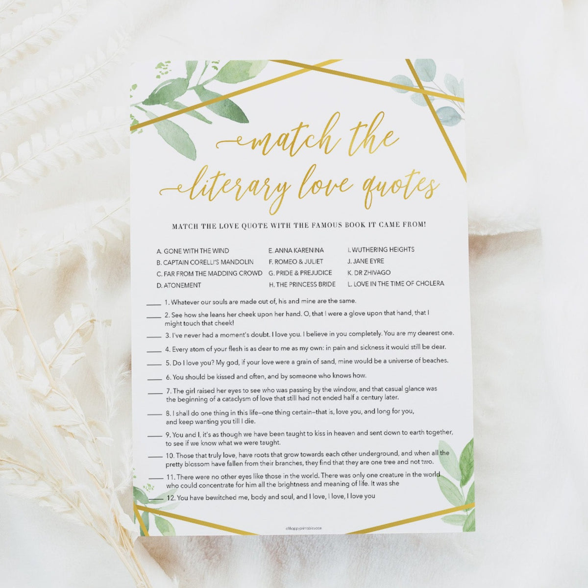 match the literary love quotes game, printable bridal shower games, floral bridal shower games, gold bridal shower games, fun bridal shower game ideas