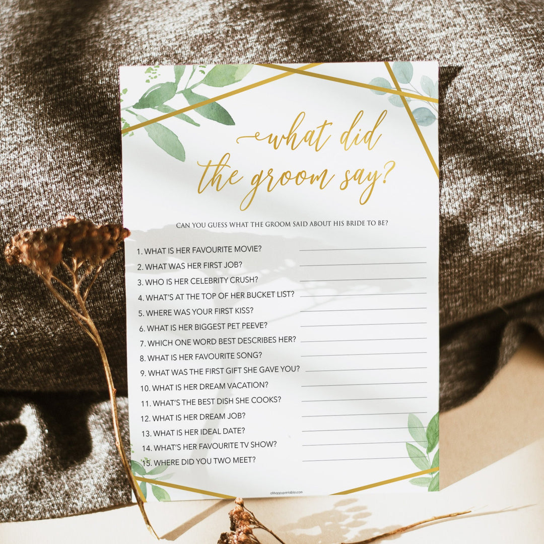 what did the groom say game, bridal shower games, floral bridal shower games, gold bridal shower games, printable baby shower games