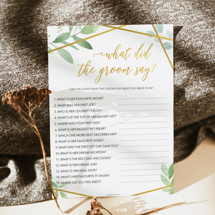 what did the groom say game, bridal shower games, floral bridal shower games, gold bridal shower games, printable baby shower games