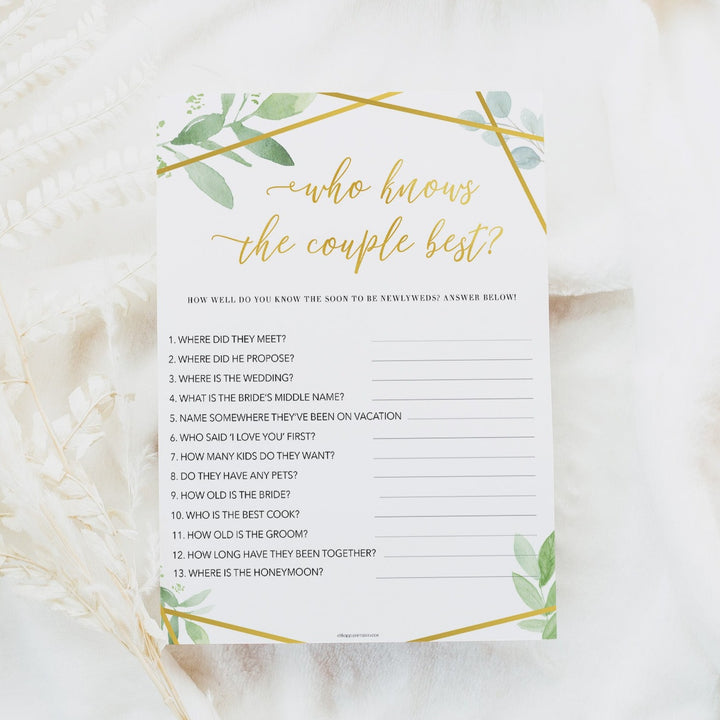who knows the couple best game, printable baby shower games, floral bridal shower games, gold bridal shower games, bridal shower games