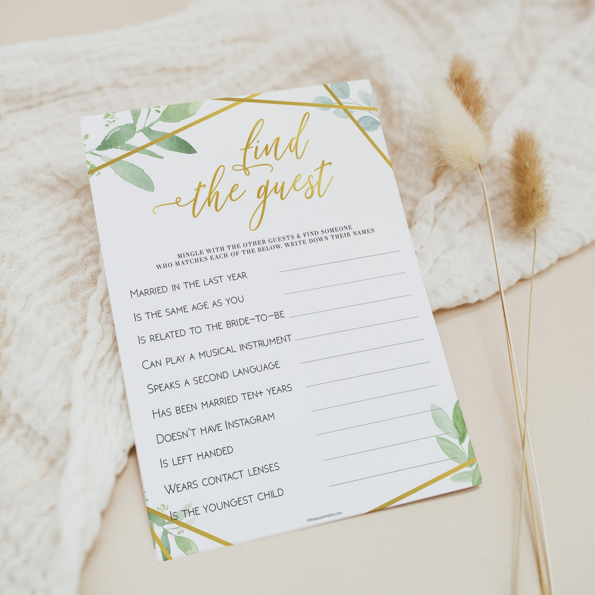 Find The Guest Bridal Game - Gold Greenery