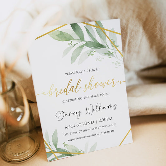 editable bridal shower invitations, printable bachelorette invitations, gold greenery bridal shower invites, greenery bridal shower ideas