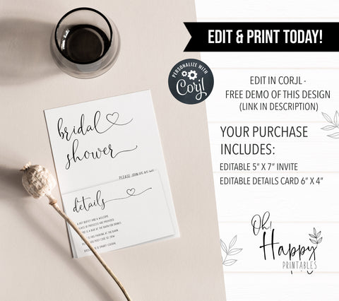 editable minimalist bridal shower invitation, printable bridal shower invitations, minimalist bridal shower invites