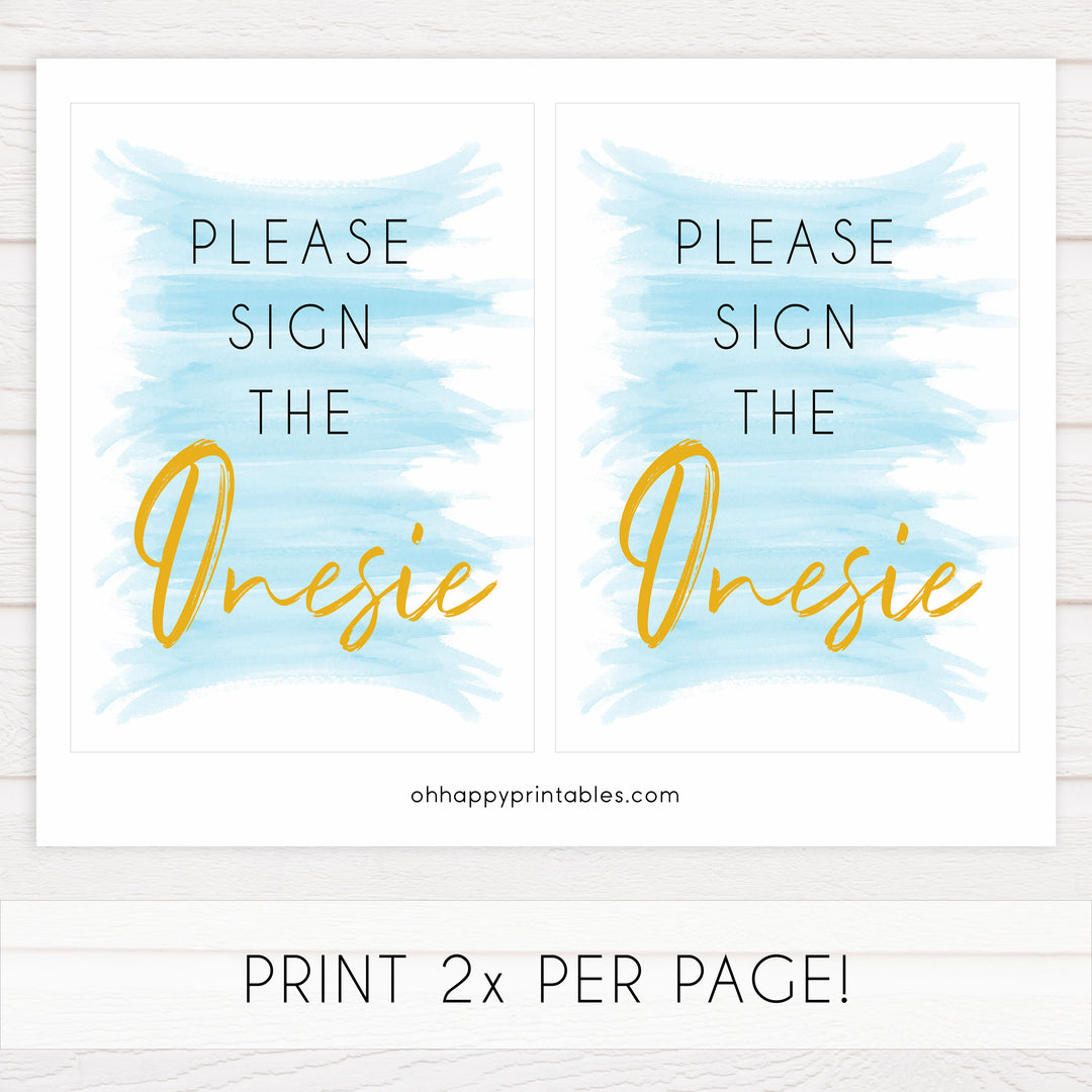 sign the onesie baby game, printable baby games, blue baby shower games, fun baby games