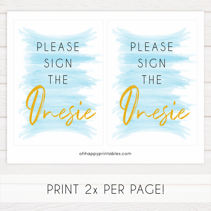 sign the onesie baby game, printable baby games, blue baby shower games, fun baby games