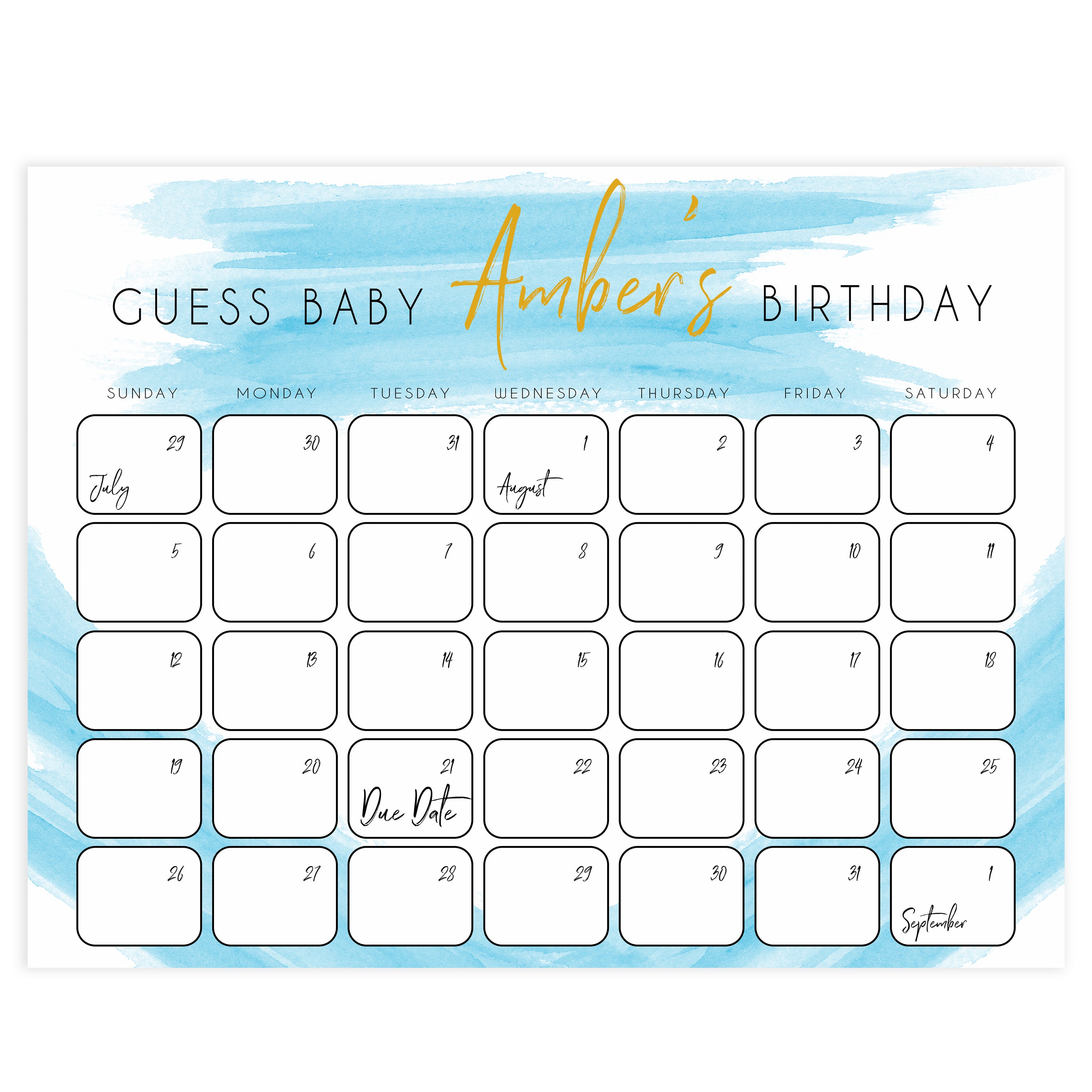guess the baby birthday game, printable baby shower games, fun baby games, blue baby shower games, baby birth predictions game