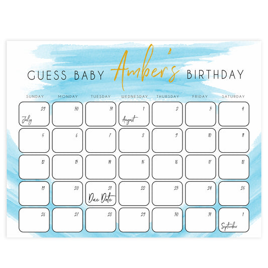 guess the baby birthday game, printable baby shower games, fun baby games, blue baby shower games, baby birth predictions game