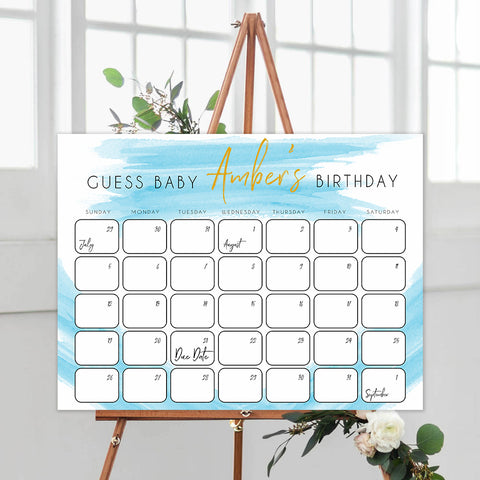 guess the baby birthday game, printable baby shower games, fun baby games, blue baby shower games, baby birth predictions game