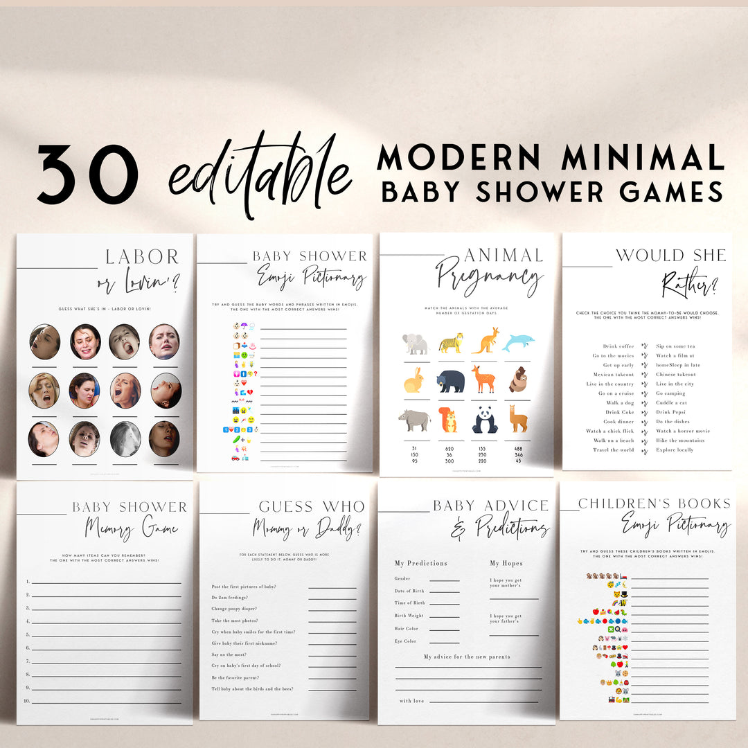 30 editable baby shower games, modern baby shower games, baby shower games bundle, best baby shower games, simple baby shower games