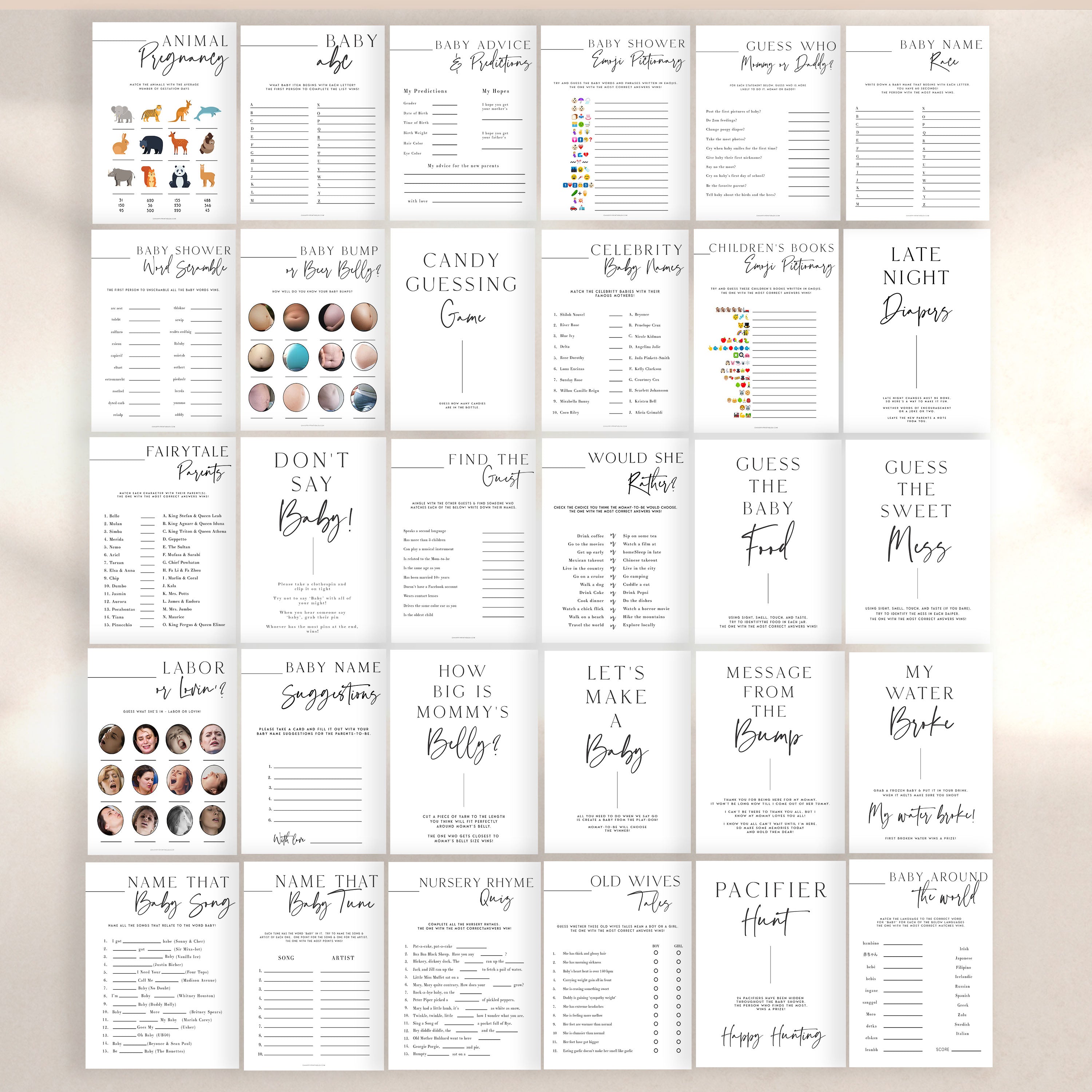 30 editable baby shower games, modern baby shower games, baby shower games bundle, best baby shower games, simple baby shower games