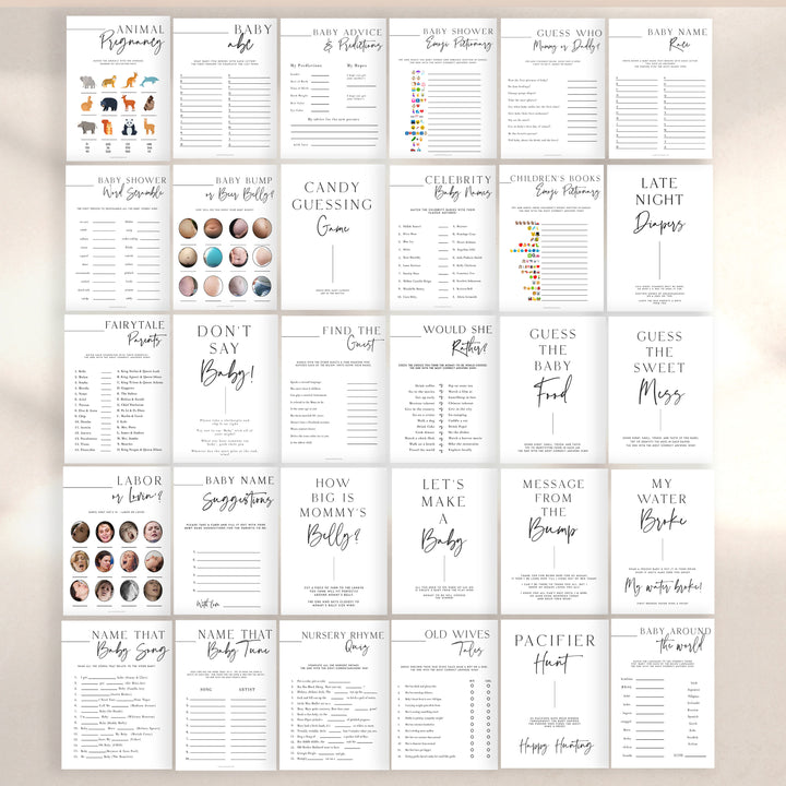 30 editable baby shower games, modern baby shower games, baby shower games bundle, best baby shower games, simple baby shower games