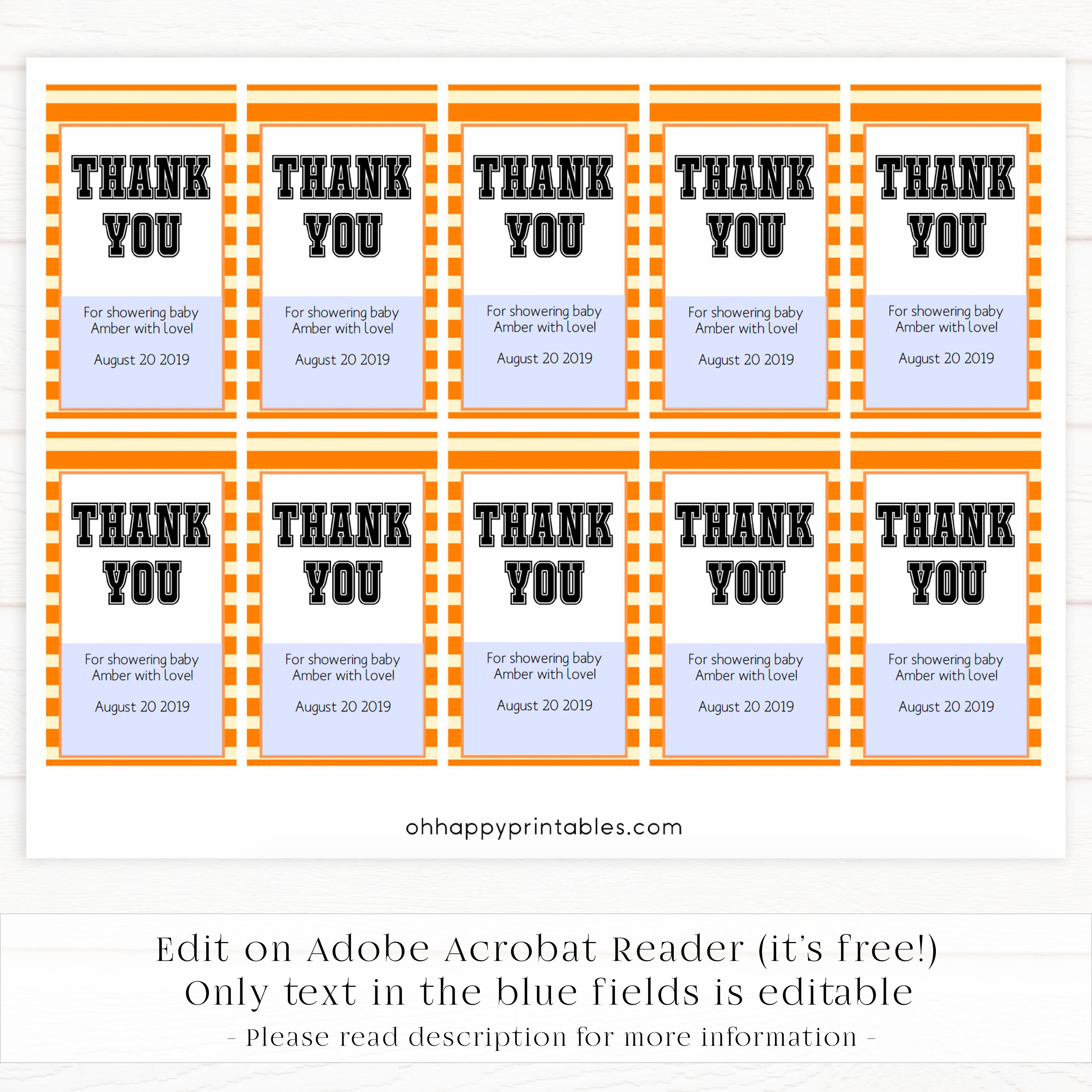baby shower thank you tags, printable baby thank you tags, editable baby thanks you tags, basketball baby shower tags, basketball baby ideas