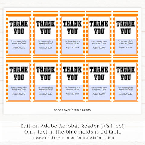 baby shower thank you tags, printable baby thank you tags, editable baby thanks you tags, basketball baby shower tags, basketball baby ideas