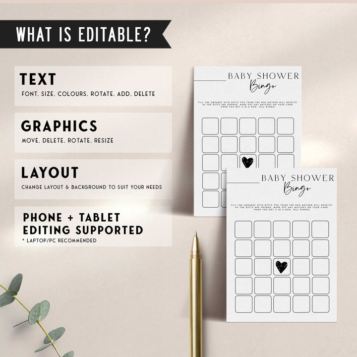 baby shower bingo game, baby shower game, printable baby shower games, editable baby shower games, modern baby shower games, minimalist baby shower