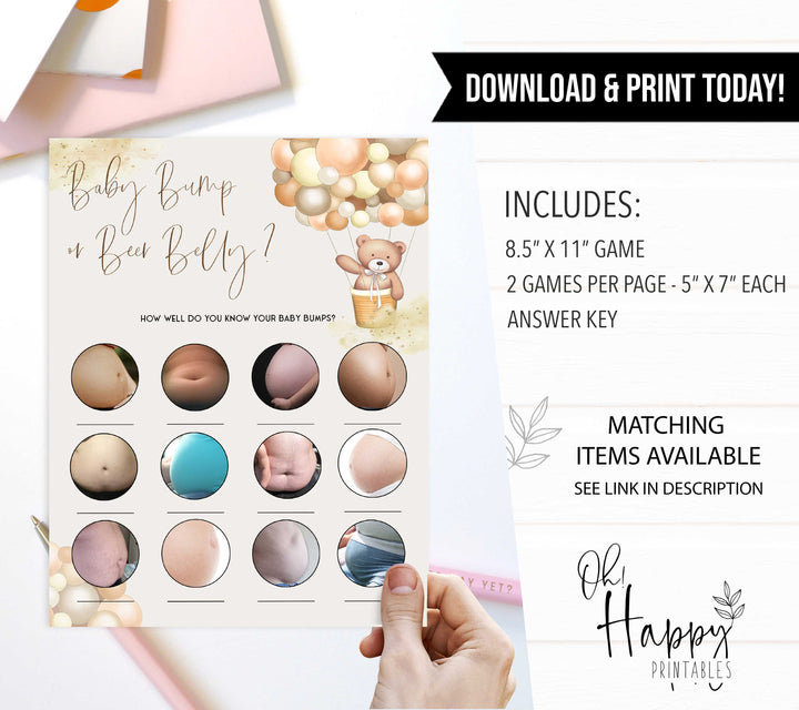 Fully editable and printable baby shower baby bump or beer belly game with a hot air balloon teddy bear, we can bearly wait design. Perfect for a We Can Bearly Wait baby shower themed party