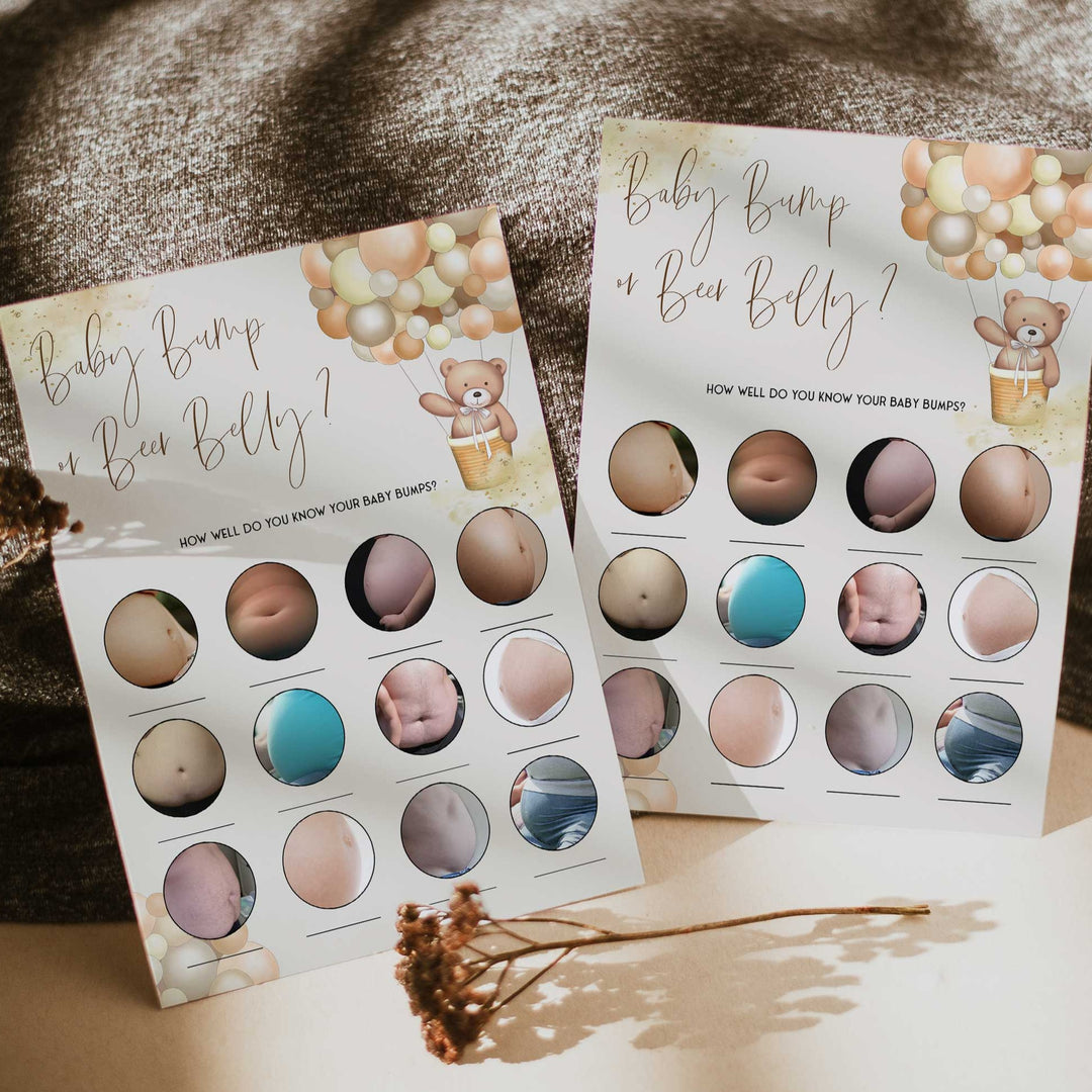 Fully editable and printable baby shower baby bump or beer belly game with a hot air balloon teddy bear, we can bearly wait design. Perfect for a We Can Bearly Wait baby shower themed party