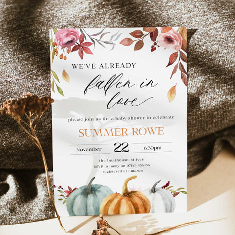 Fully editable and printable baby shower invitation with a fall pumpkin design. Perfect for a Fall Pumpkin baby shower themed party