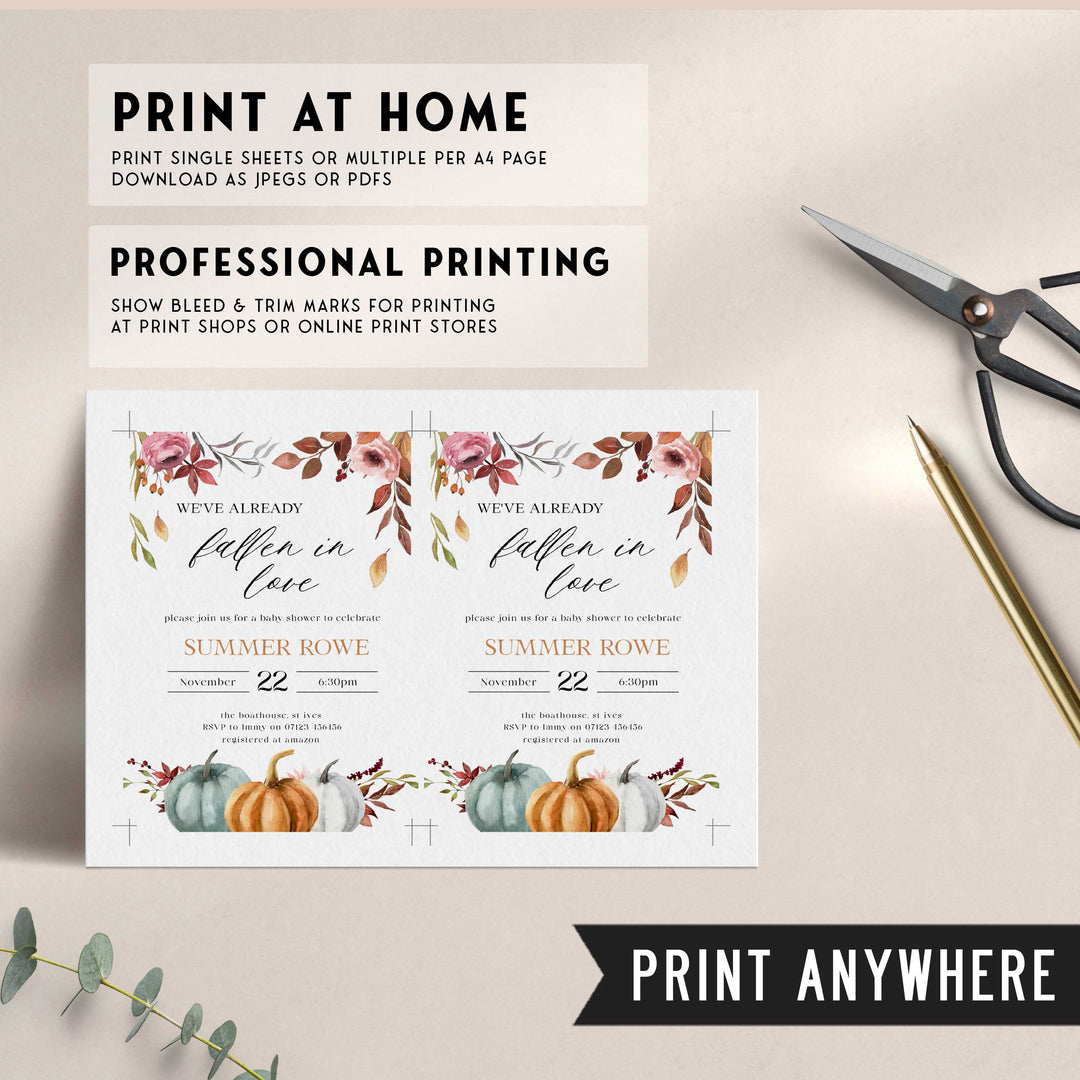 Fully editable and printable baby shower invitation with a fall pumpkin design. Perfect for a Fall Pumpkin baby shower themed party