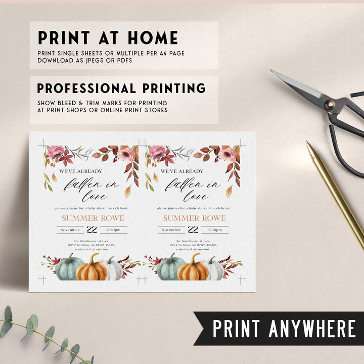 Fully editable and printable baby shower invitation with a fall pumpkin design. Perfect for a Fall Pumpkin baby shower themed party