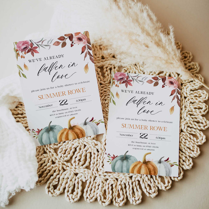 Fully editable and printable baby shower invitation with a fall pumpkin design. Perfect for a Fall Pumpkin baby shower themed party