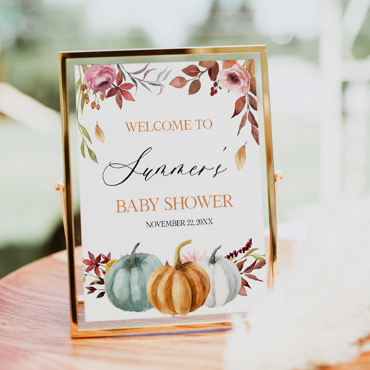Fully editable and printable baby shower welcome sign with a fall pumpkin design. Perfect for a Fall Pumpkin baby shower themed party