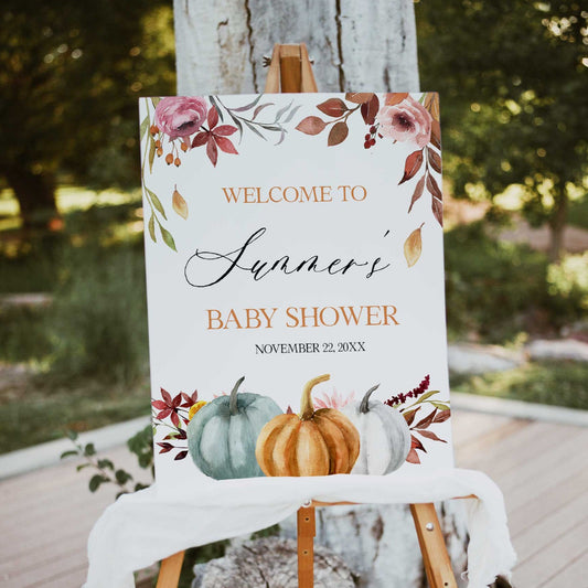 Fully editable and printable baby shower welcome sign with a fall pumpkin design. Perfect for a Fall Pumpkin baby shower themed party