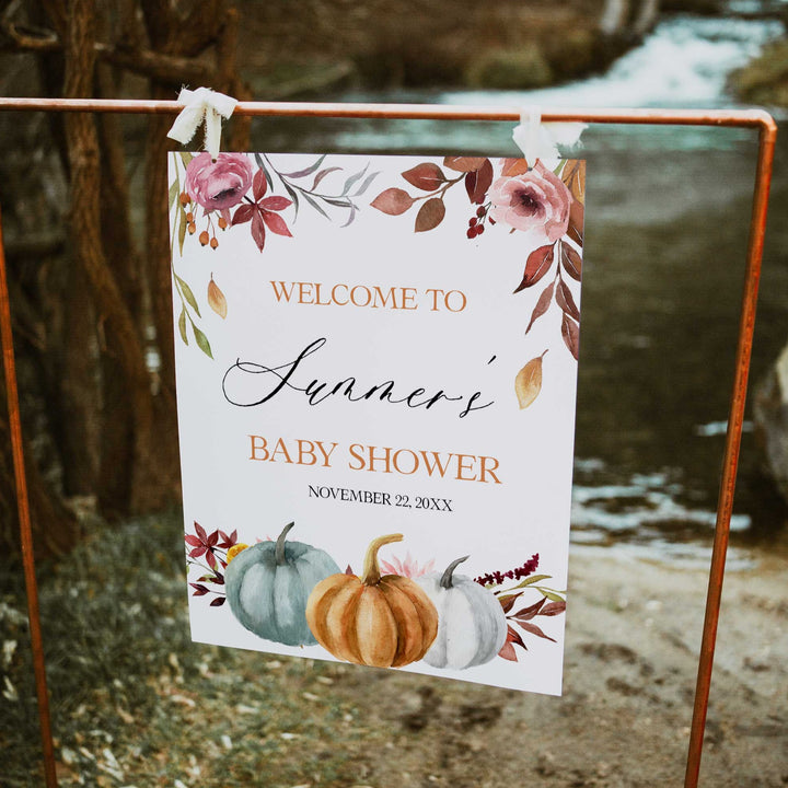 Fully editable and printable baby shower welcome sign with a fall pumpkin design. Perfect for a Fall Pumpkin baby shower themed party