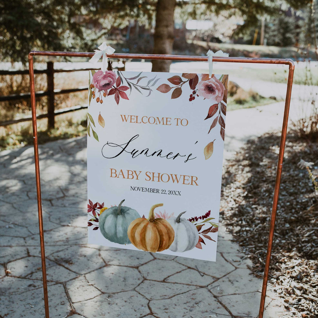 Fully editable and printable baby shower welcome sign with a fall pumpkin design. Perfect for a Fall Pumpkin baby shower themed party