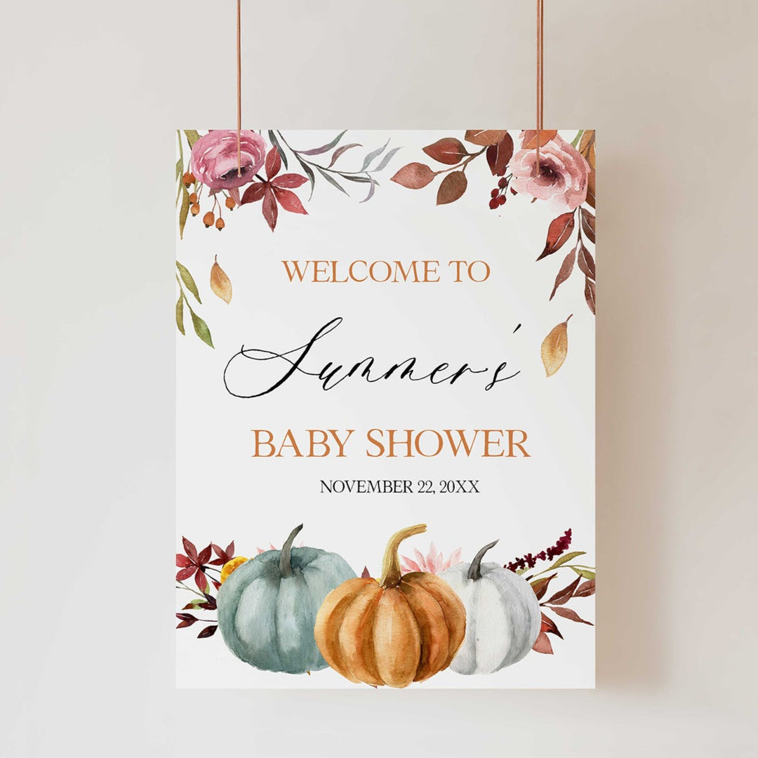 Fully editable and printable baby shower welcome sign with a fall pumpkin design. Perfect for a Fall Pumpkin baby shower themed party