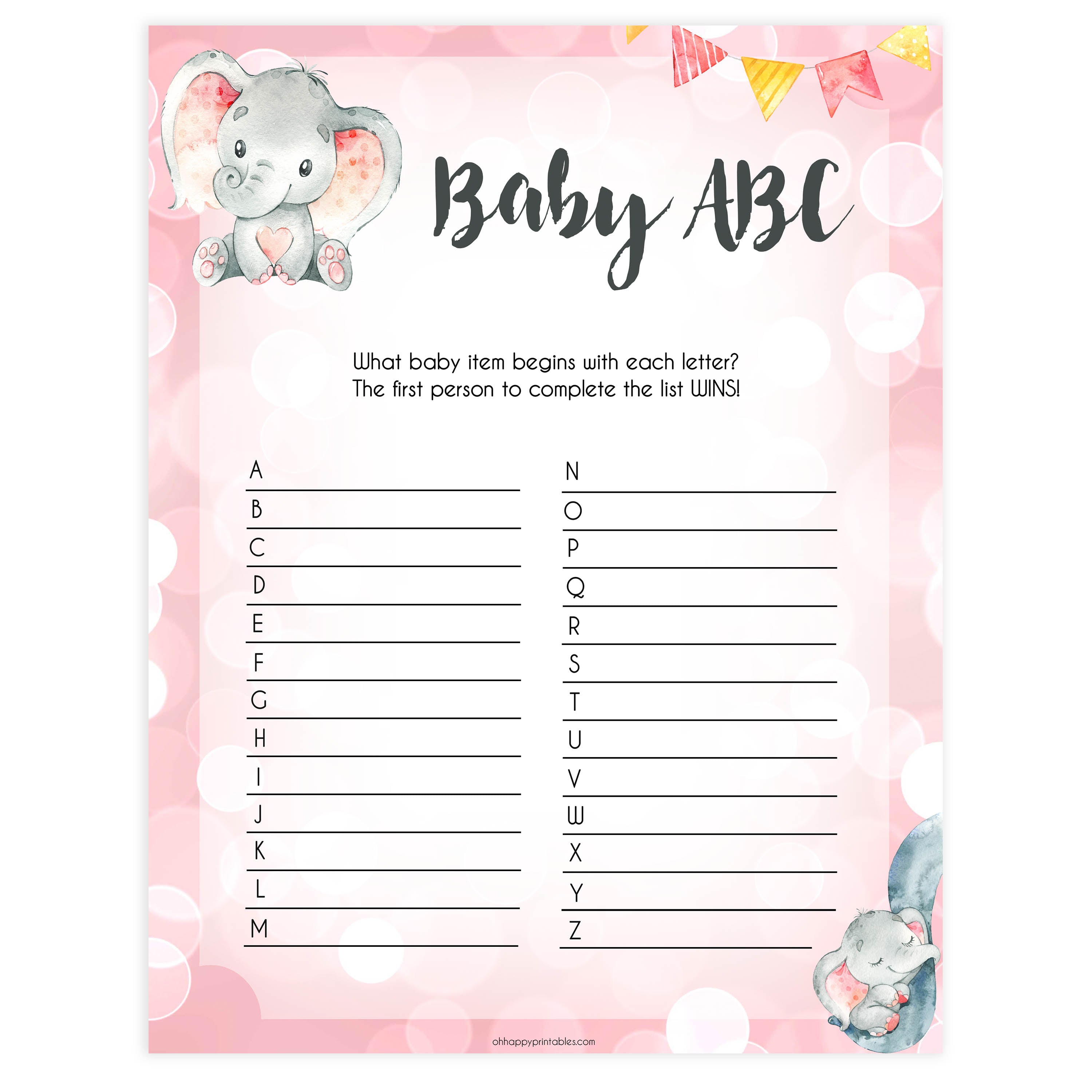 baby ABC game, baby list game, printable baby shower games, fun baby shower games, pink elephant baby shower games