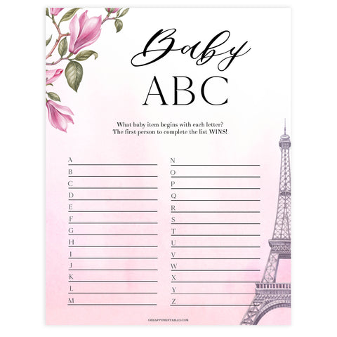 baby abc game, Parisian baby shower games, printable baby shower games, Paris baby shower games, fun baby shower games
