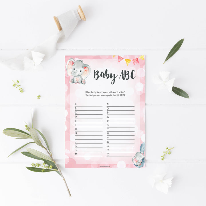 baby ABC game, baby list game, printable baby shower games, fun baby shower games, pink elephant baby shower games
