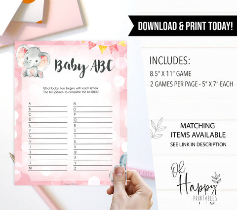 baby ABC game, baby list game, printable baby shower games, fun baby shower games, pink elephant baby shower games