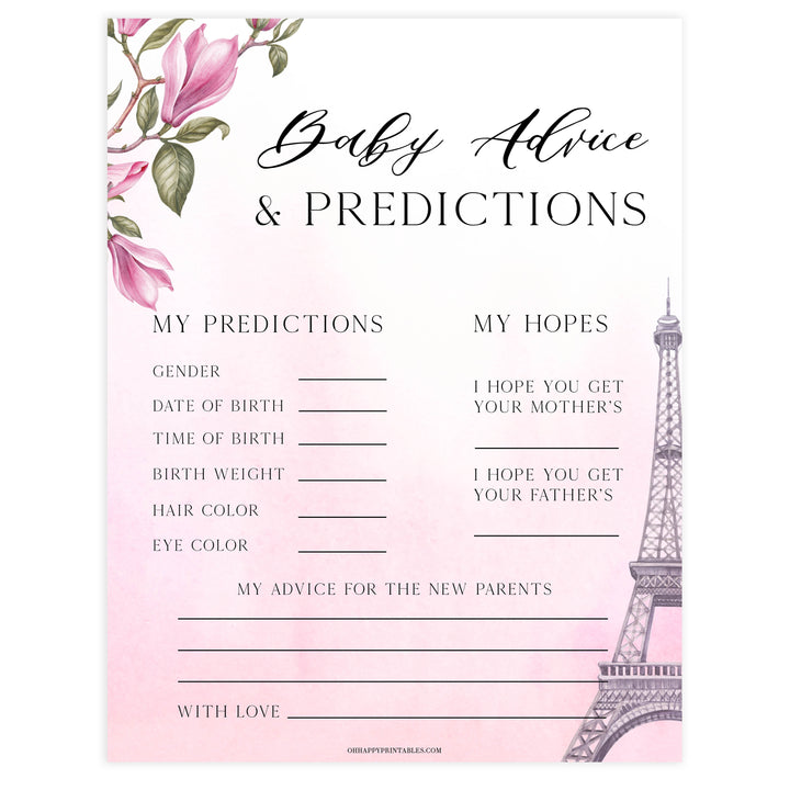 baby advice and predictions keepsake,  Parisian baby shower games, printable baby shower games, Paris baby shower games, fun baby shower games