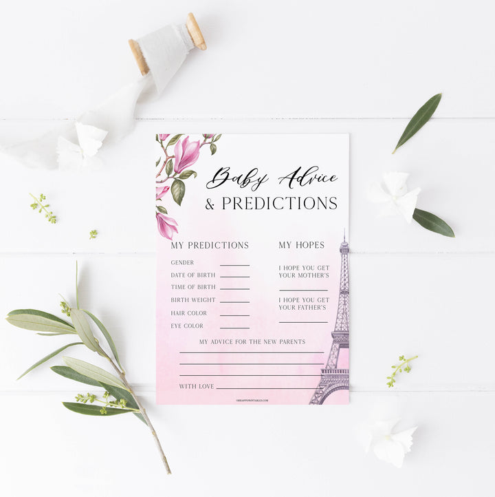 baby advice and predictions keepsake,  Parisian baby shower games, printable baby shower games, Paris baby shower games, fun baby shower games