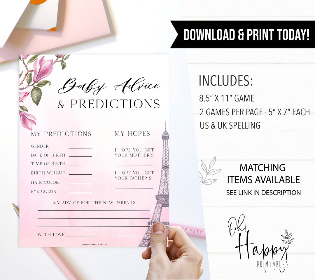 baby advice and predictions keepsake,  Parisian baby shower games, printable baby shower games, Paris baby shower games, fun baby shower games