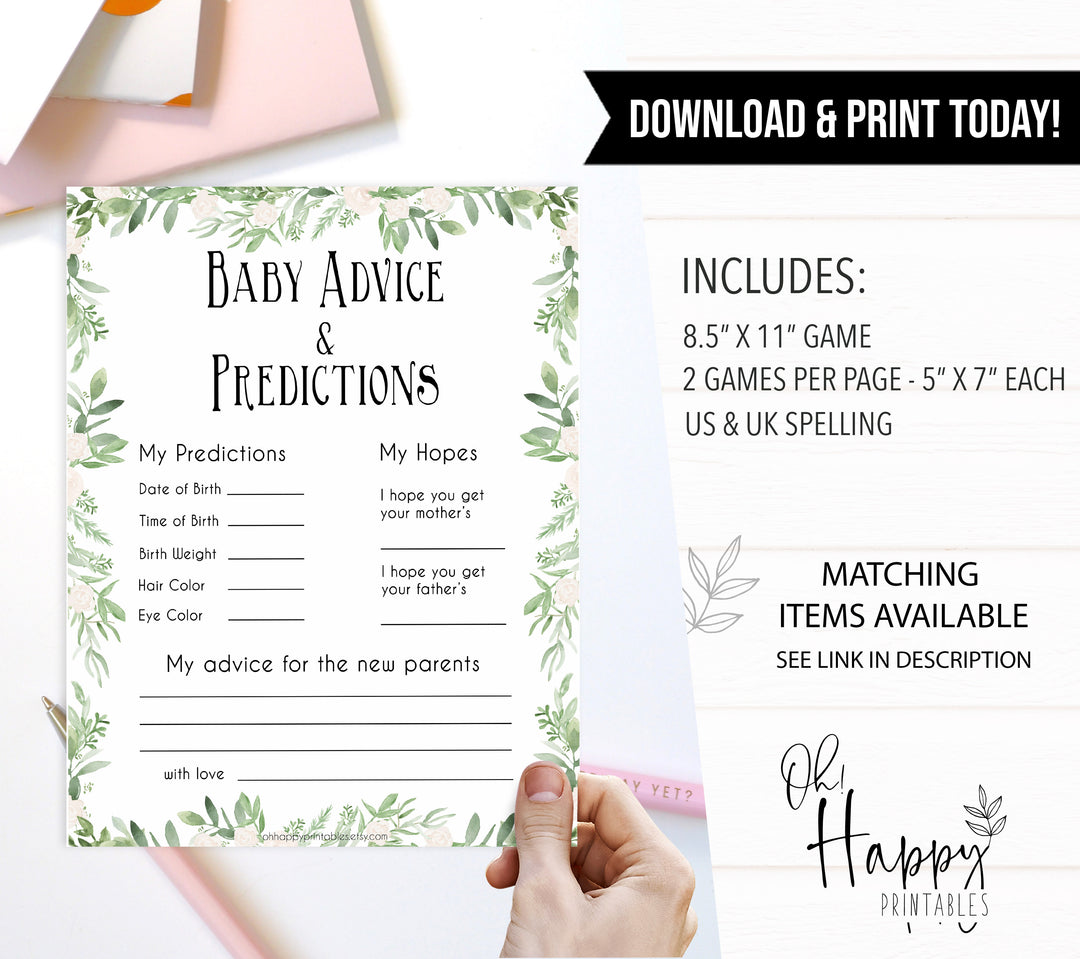 Green Leaf Baby Advice & Predictions, Greenery Baby Shower Games, Leaf Baby Advice, Botanical Baby Predictions Printable,Baby Shower, printable baby games, fun baby games, popular baby games