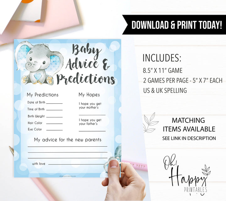 Blue elephant baby games, baby advice and predictions, elephant baby games, printable baby games, top baby games, best baby shower games, baby shower ideas, fun baby games, elephant baby shower