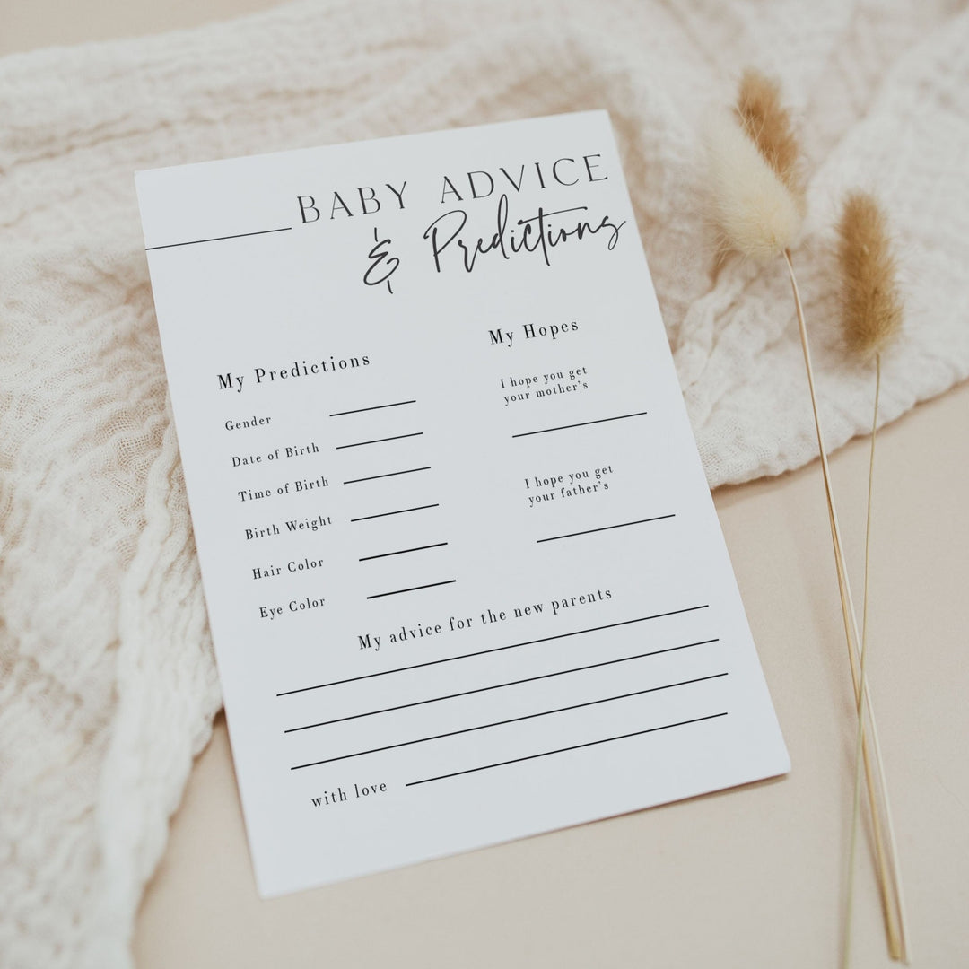 baby advice and predictions baby shower game, printable baby shower games, editable baby shower games, modern baby shower games, minimalist baby shower